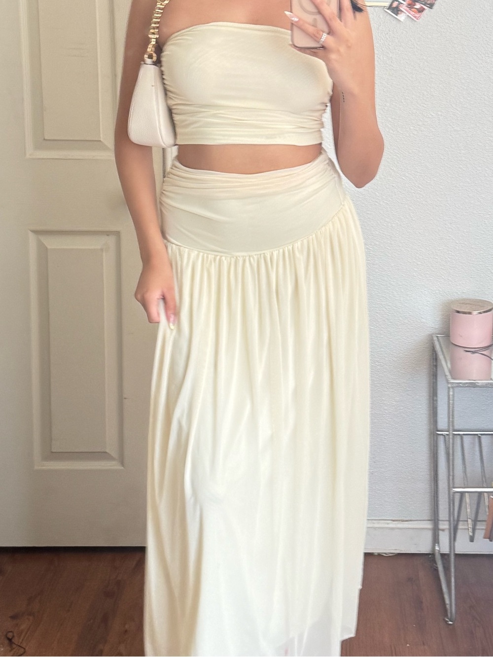 Strapless Cream Maxi Skirt - Elegant Gathered Silhouette